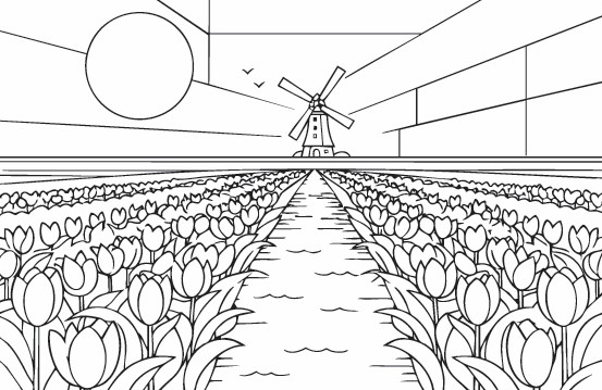 Amsterdam Bauhaus colouring book illustration - Tulips field 2