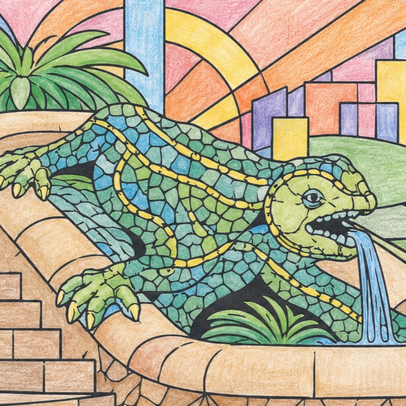 Barcelona Bauhaus colouring book illustration - Park güell salamander
