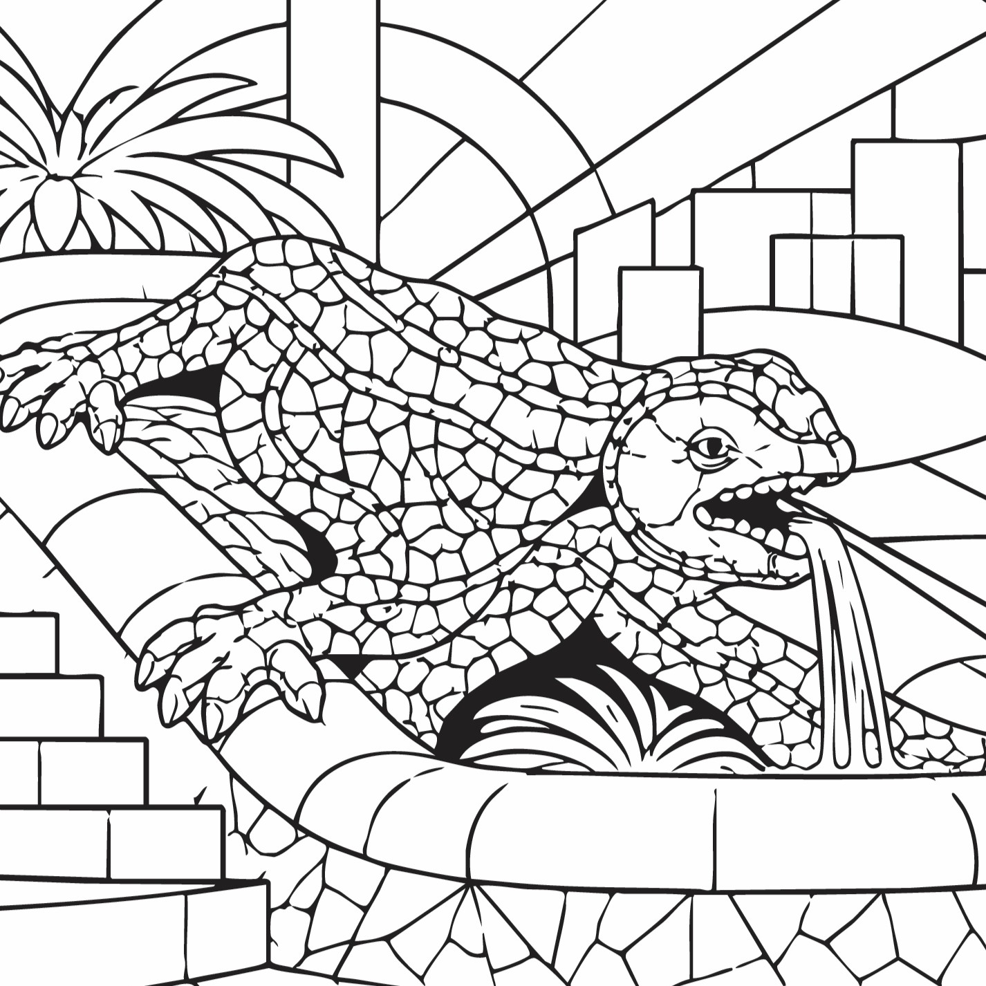 Barcelona Bauhaus colouring book illustration - Park güell salamander 2