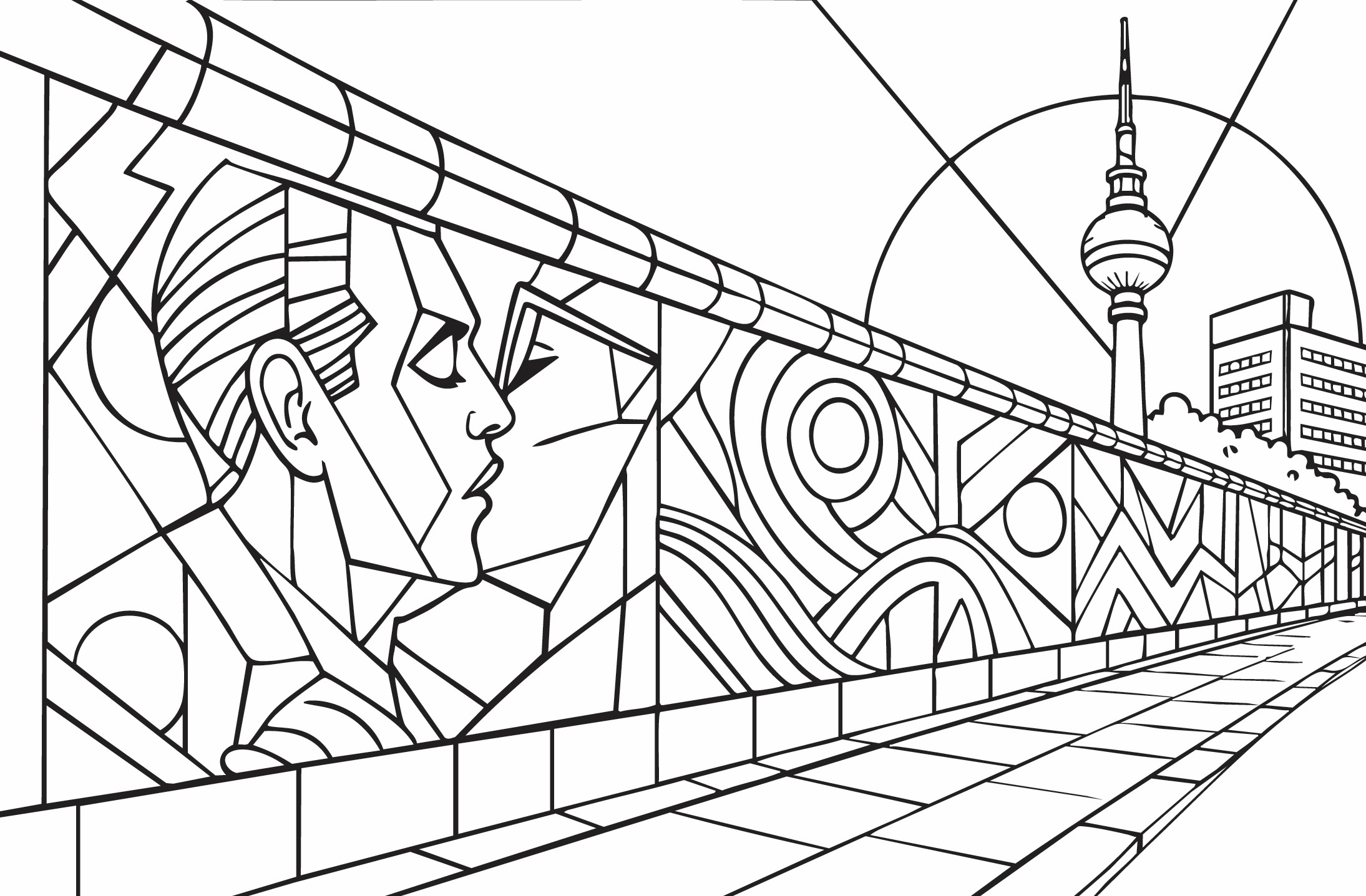 Berlin Bauhaus colouring book illustration - East side gallery 2