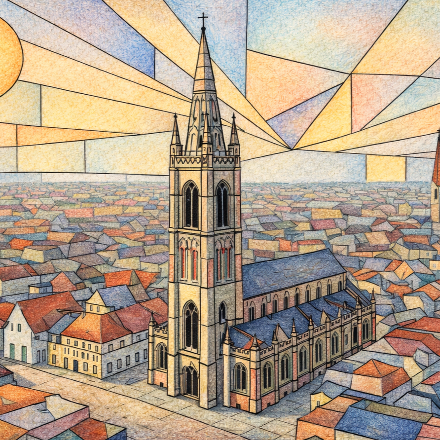 Kortrijk Bauhaus colouring book illustration - Saint Martin’s Church tower 2