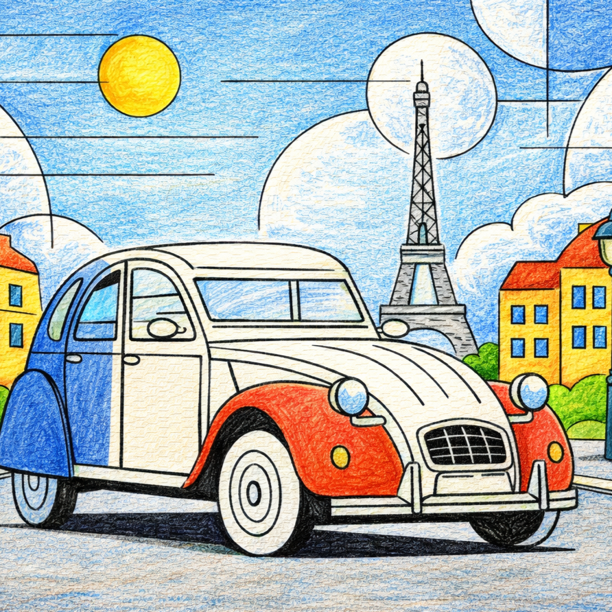Paris Bauhaus colouring book illustration - Citroën 2CV car 2