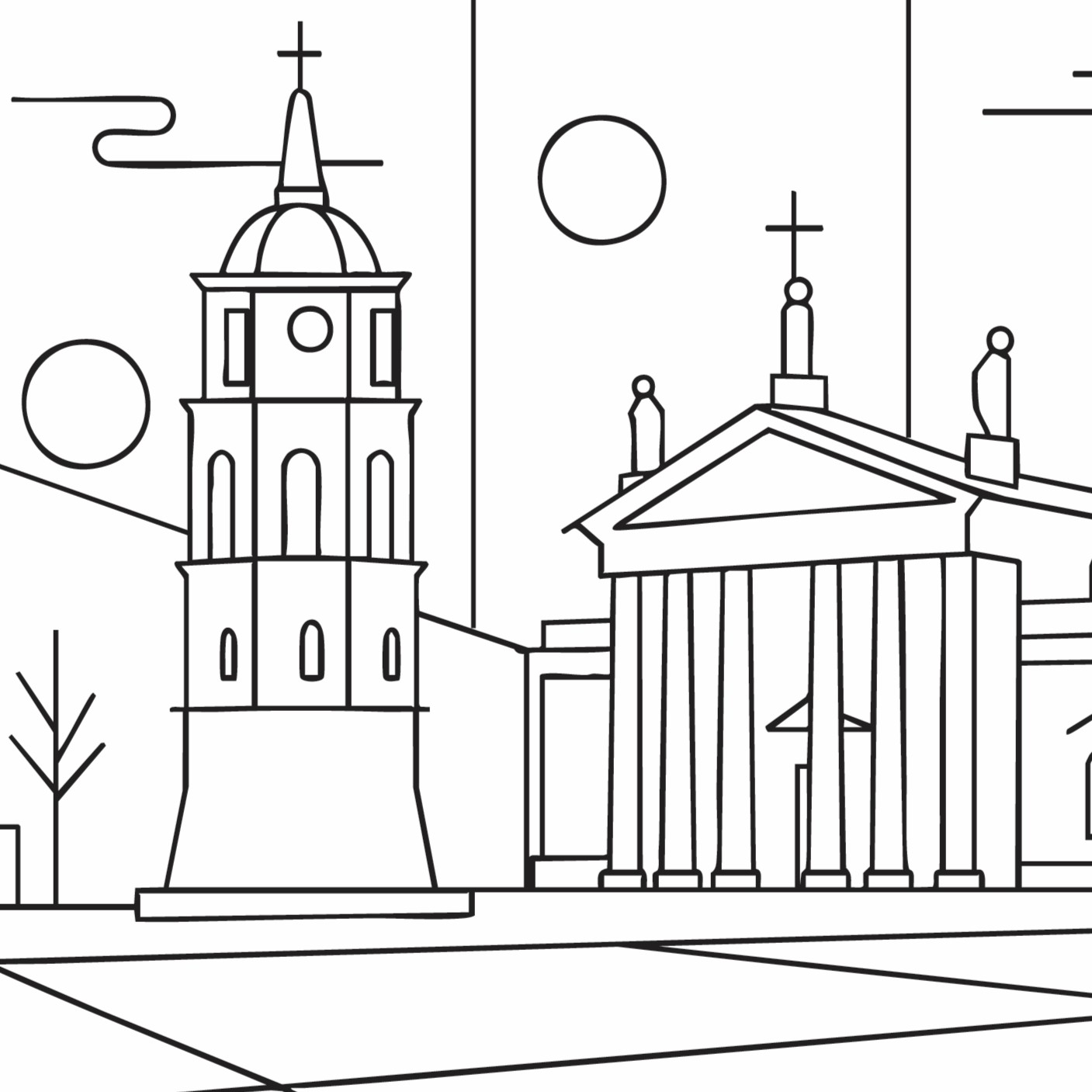 Vilnius Bauhaus colouring book illustration - Cathedral Square 2